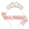Rose gold 50th birthday party set with rhinestone tiara and 50 & Fabulous satin sash - 50th Birthday Tiara Sash Kit (Rose Gold)