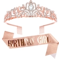 Rose gold birthday girl set featuring crystal tiara and sequin sash for party - Birthday Girl Rose Gold