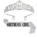 Silver crystal birthday tiara and glitter sash with Birthday Girl text set - Birthday Girl Silver