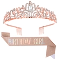 Rose gold birthday girl set featuring a sparkling crystal tiara and glitter sash - BIRTHDAY GIRL Iridescent Rose Gold