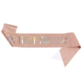 Close-up of rose gold glitter sash with colorful holographic Birthday Princess text - Rose Gold Rainbow