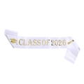 White satin graduation sash with gold Class of 2026 print and academic icons - Style 2026 / Satin / White With Gold Text