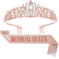 Rose gold birthday queen set featuring crystal tiara and glitter sash decoration - Birthday Queen Rose Gold