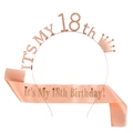 Detail view of rose gold 18th birthday set with metal tiara and satin sash accessory - 18th Birthday Style