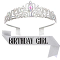 Birthday set with silver rhinestone crown and silver glitter Birthday Girl sash - Silver AB Tiara With Silver Sash