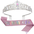 Birthday Girl set with silver crystal crown and pink glitter sash for women party - Silver AB Tiara With Pink Sash