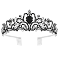 Silver crown with black crystals and side combs for bridal or party hairstyling - Silver Base Black Zirconia