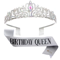 Silver crystal birthday crown and glitter sash with Birthday Queen lettering set - Silver AB Tiara With Silver Queen Sash