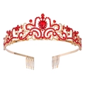 Vintage golden alloy crown featuring red crystal rhinestones and side combs - Red