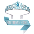 Blue rhinestone birthday crown and glitter sash set with Birthday Girl text in blue - Birthday Girl Blue