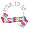 Set fascia arcobaleno Mom To Be e cerchietto di strass per festa baby shower - Cerchietto Oro Rosa + Fascia Colorata