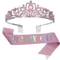 Pink rhinestone tiara and sparkling pink sash set with Birthday Girl text for girls - Birthday Girl Pink
