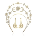 Detailed view of golden celestial crown and matching star moon tassel earrings set - Three-layer Moon Headband Earrings Set / Gold