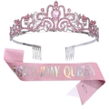 Pink birthday queen sash and glittering silver alloy crown set for girls' party - Birthday Queen Pink