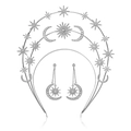 Silver celestial sun and moon headband with matching drop earrings jewelry set - Three-layer Moon Headband Earrings Set / Silver