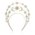 Golden celestial tiara crown featuring sparkling rhinestones with star and moon charms - Three-layer Moon Headband / Gold