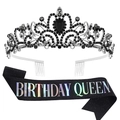 Birthday Queen set with silver crown black rhinestones and glitter sash for parties - Birthday Queen Black
