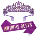 Birthday Queen set featuring a purple crystal crown and matching glitter sash for women - Birthday Queen Purple