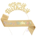Detail of glittery gold 'It's my Birthday' headband and sash set for party decorations - Glitter Gold Set
