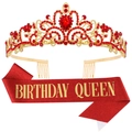 Birthday Queen set featuring a gold crown with red rhinestones and a red glitter sash - Birthday Queen Gold Red