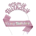 Set serre-tête et écharpe rose pailleté 'It's my Birthday' pour décoration d'anniversaire - Ensemble Pailleté Rose