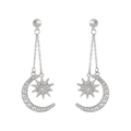 Bohemian silver star and moon dangle earrings with sparkling rhinestones and long chains - Silver