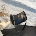 Minimalist black faux leather baguette bag with thick gold chain strap and zip closure - Black