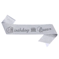 Silver glitter Birthday Queen sash with crown design for birthday celebration - One Size / Silver Glitter Fabric (Silver Black Rhinestone)