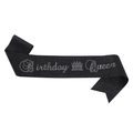 Black glitter Birthday Queen sash with silver rhinestones and a crown design - One Size / Black Glitter Fabric (Black Base White Rhinestone)