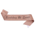 Rose gold glitter fabric sash with Birthday Queen text and a crown icon for parties - One Size / Rose Gold Glitter Fabric (Rose Gold Base Black Rhinestone)