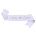 Écharpe d'anniversaire Birthday Queen blanche avec texte argenté et couronne - Taille unique / Tissu Pailleté Blanc (Base Blanche Strass Blanc)