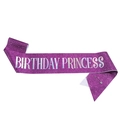 Sparkling purple Birthday Princess sash with silver safety pin on white background - Purple