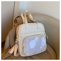 Versatile beige canvas tote bag with transparent PVC pocket and adjustable strap - White