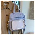 Light purple versatile nylon tote bag with transparent front pocket and grey shoulder strap - Blue