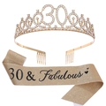 Set 30° compleanno dorato con tiara di strass e fascia glitter 30 & Fabulous - Oro Chiaro + Nero (30 Anni)(JD078+FG167)