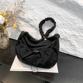 Minimalist black pleated nylon hobo bag with drawstring closure and elastic strap - Black