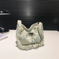 Chic beige nylon underarm bag with drawstring and pleated scrunchie shoulder strap - White