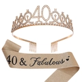 Écharpe 40 & Fabulous pailletée or champagne avec couronne de strass pour 40ème anniversaire - Or Clair + Noir (40 Ans)(JD078+FG168)