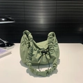 Stylish light green nylon shoulder bag with pleated texture and drawstring closure - Green