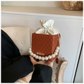 Brown checkered mini box bag with large pearl handle and slim gold chain strap - Brown