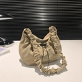 Beige nylon ruched shoulder bag with adjustable drawstring buckle in casual style - Khaki