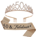 Parure 50e anniversaire dorée avec diadème en cristal et écharpe 50 & Fabulous pailletée - Or Clair + Noir (50 Ans)(JD078+FG169)