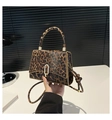Close-up of leopard print shoulder bag with gold metal buckle and accordion side details - Yellow