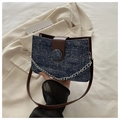 Blue denim crossbody bag with brown leather trim and sparkling rhinestone patterns - Dark Blue
