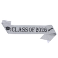 Silver glitter Class of 2026 graduation sash with black lettering and hat icon - Style 2026 / Glitter Fabric / Silver With Black Text