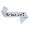 Silver glitter birthday sash with black Birthday Bitch text and cocktail icon - Silver Base Black Calligraphy Style (JD101-Silver Base Black Text)