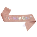 Rose gold glitter birthday sash with holographic Birthday Bitch text and star icons - Rose Gold Iridescent Floral Style (JD101-Rose Gold Iridescent)