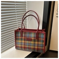 Retro multi-color checkered woven tote bag with red faux leather trim and long handles - Red