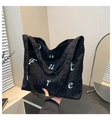 Black corduroy tote bag with white Future embroidery and large capacity storage - Black