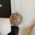 Pochette da sera sferica leopardata con manico di strass e tracolla a catena d'oro - Cachi